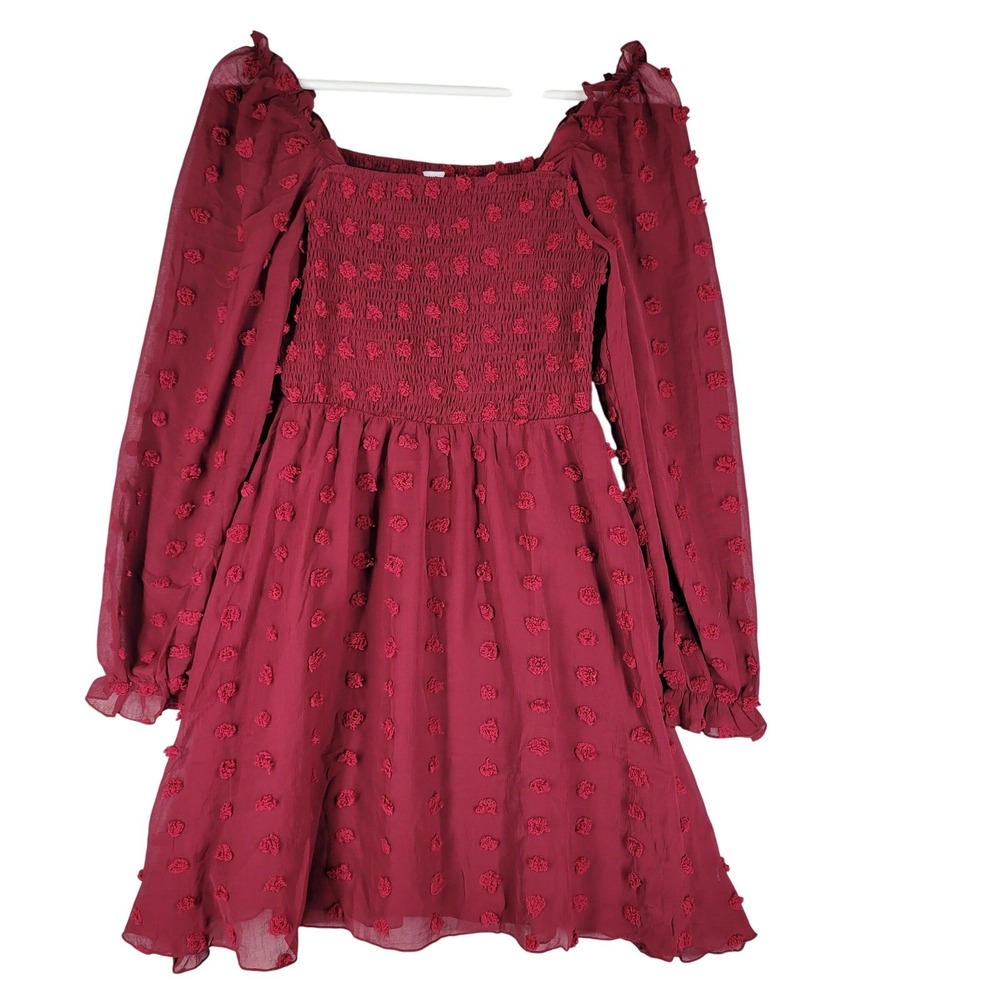 Sheer Burgundy Textured Smocked Square Neck Long Sleeve Mini Dress Sz XS Whimsi